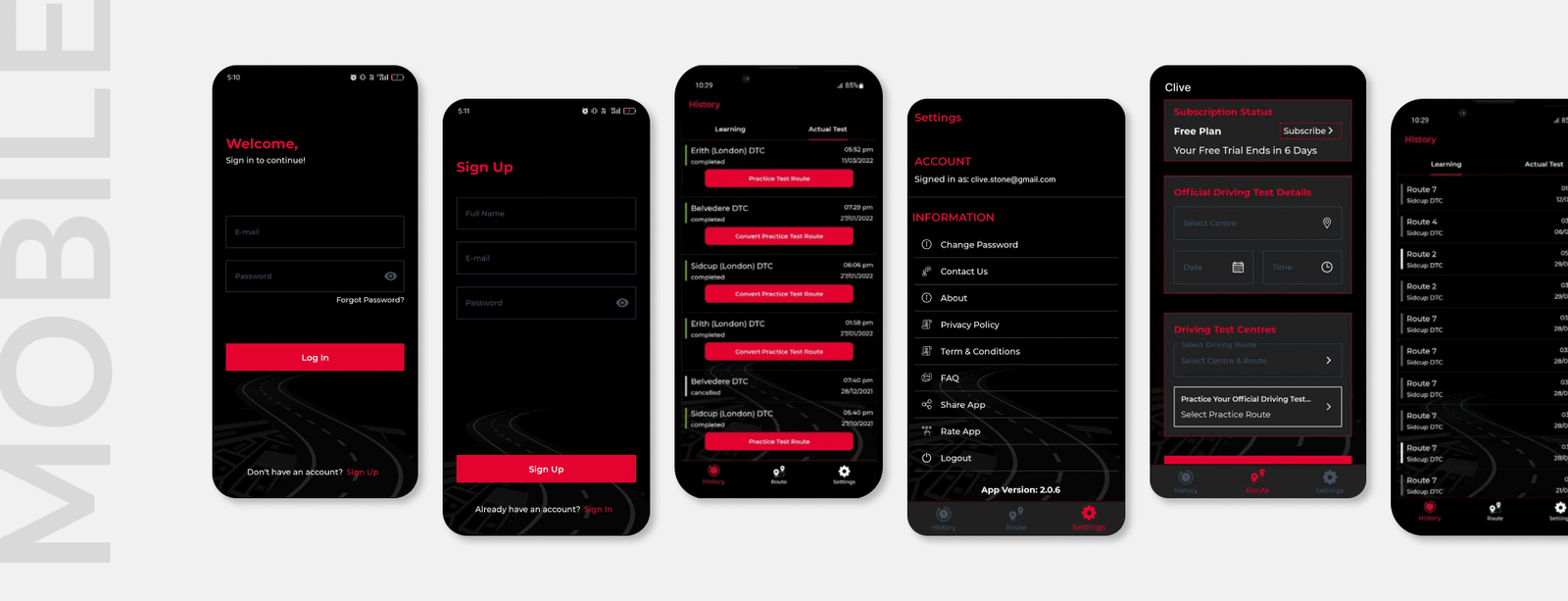 Test Route Application Screens