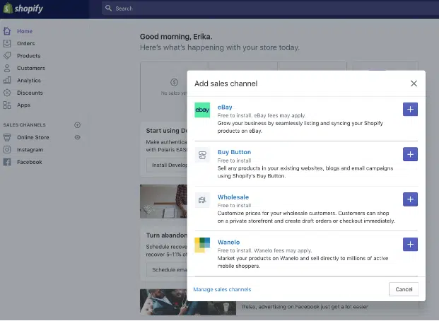 Navigate to your Shopify admin panel, and add eBay as a sales channel